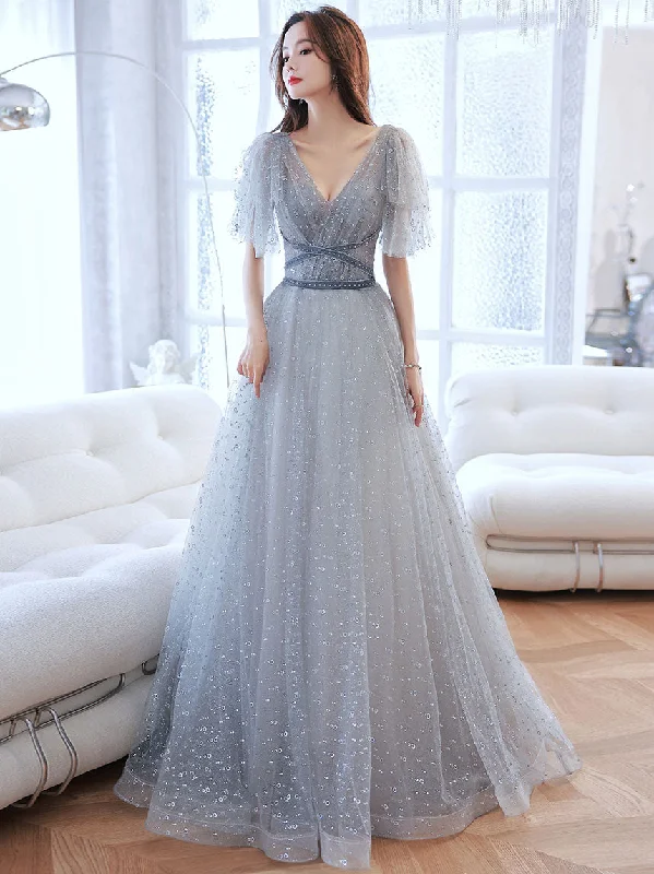 Sleeveless DressGray V Neck Tulle Long Prom Dress, Gray A line Evening Dress