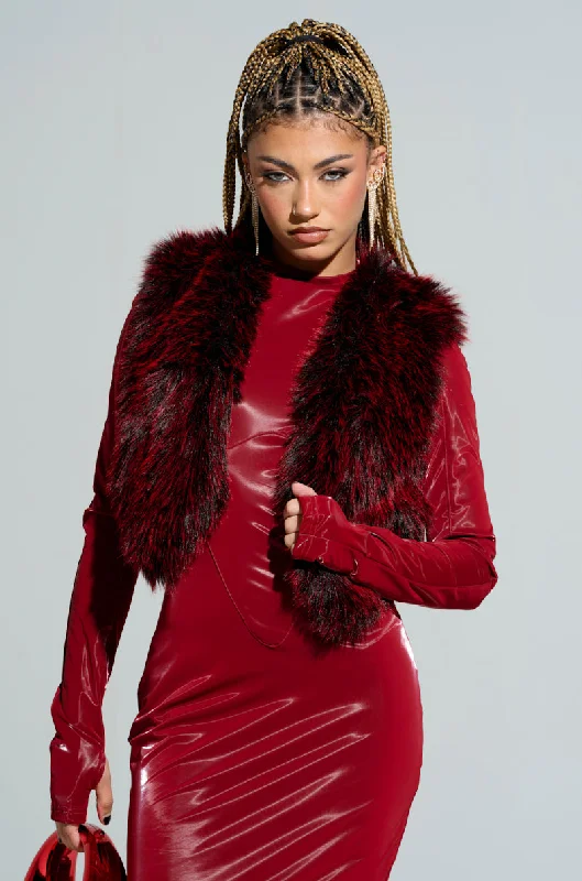 women's coats with cinched waistsLIGHTS OUT FAUX FUR VEST IN RED