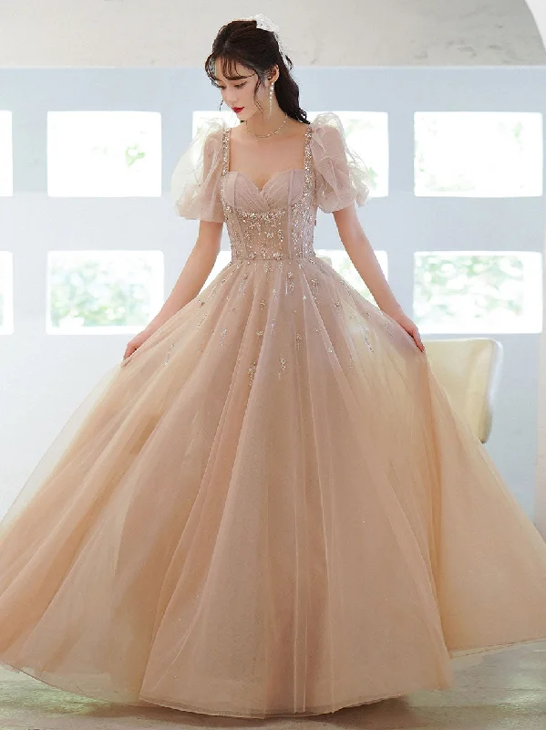 Neon DressChampagne Tulle Beads Long Prom Dress, Champagne Evening Dress