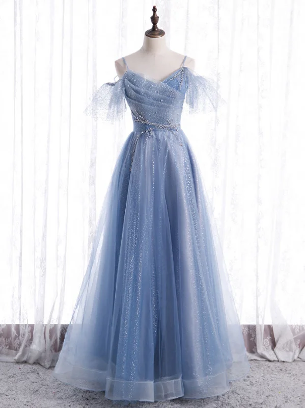 women's solid color dressesElegant  A line Tulle Sequin Blue Long Prom Dress, Tulle Blue Formal Evening Dress