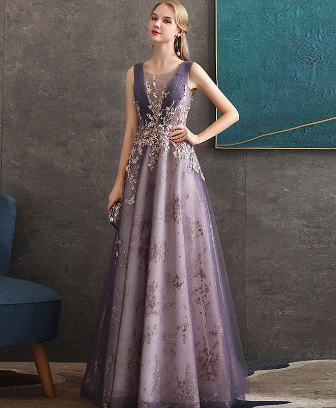 women's boho dressesPurple Round Neck Tulle Lace Long Prom Dress Purple Evening Dress