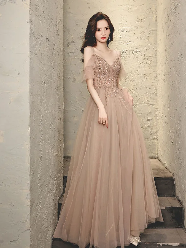 Prom DressChampagne V Neck Tulle Beads Long Prom Dress, Champagne Evening Dress