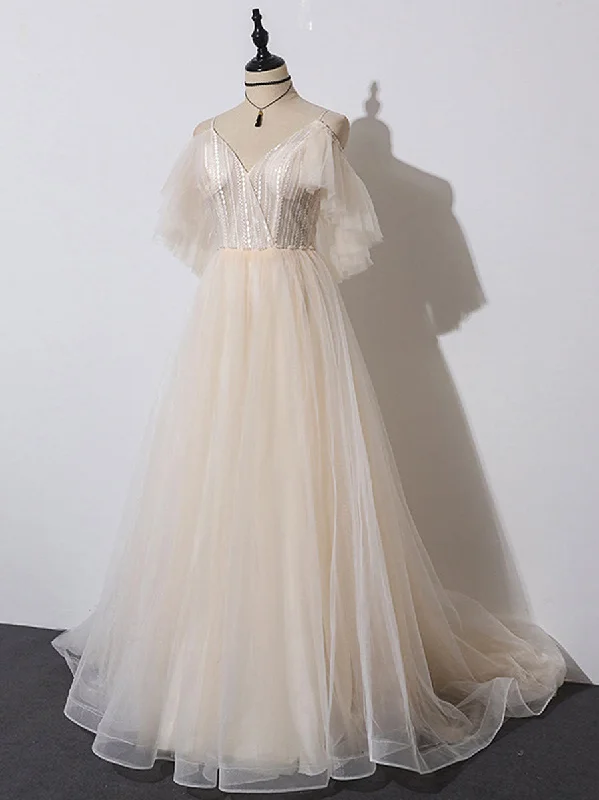 Jersey DressChampagne V Neck Tulle Long Prom Dress, Champagne Evening Dress