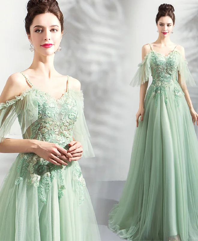 Satin DressGreen Tulle Off Shoulder Long Prom Dress, Green Tulle Evening Dress