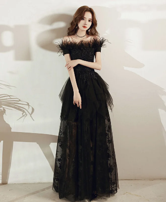 women's travel dressesBlack Tulle Lace Long Prom Dress, Black Formal Lace Evening Dress