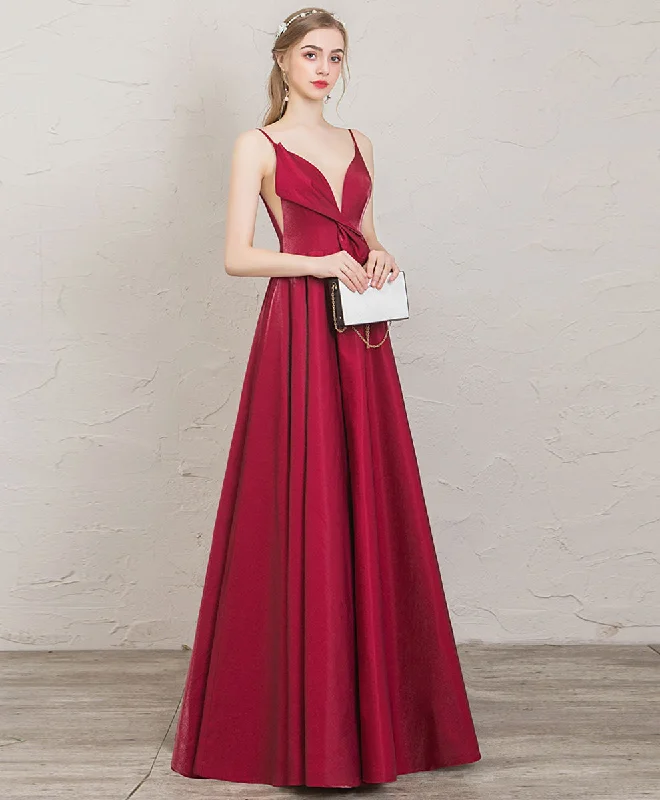 Trumpet DressSimple V Neck A Line Satin Long Prom Dress Red Evening Dress