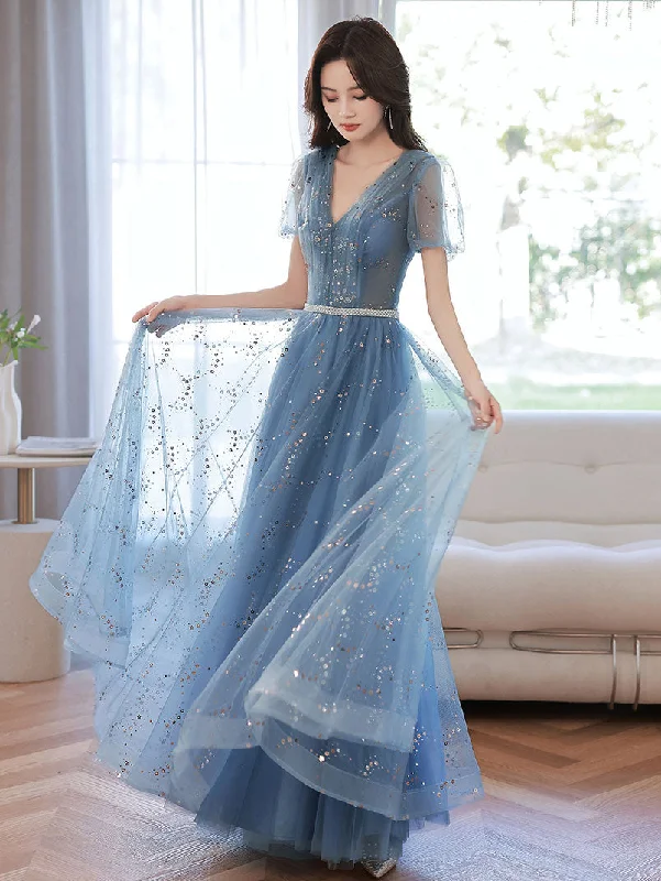 women's velvet dressesBlue V Neck Tulle Tea Length Prom Dress, Blue Tulle Formal Evening Dress