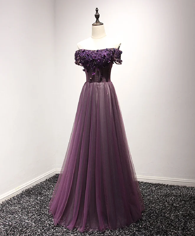 Wrap DressPurple Tulle Lace Off Shoulder Long Prom Dress, Purple Evening Dress