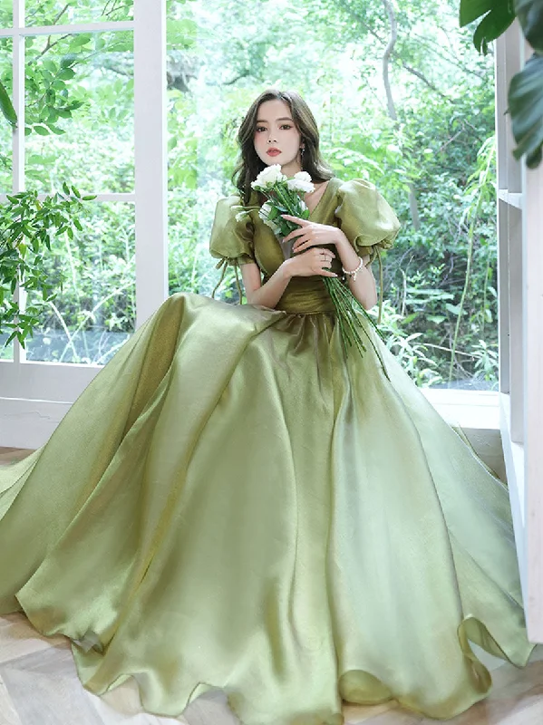 Halter DressSimple Green V Neck Tulle Long Prom Dress, Green Evening Dresses