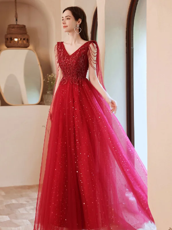 women's versatile dressesBurgundy V Neck Tulle Lace Beads Long Prom Dress, Burgundy Evening Dress