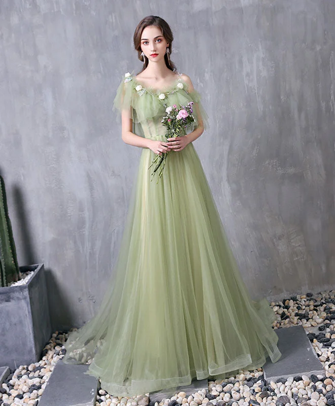 women's pear-shaped body dressesGreen Tulle Lace Long Prom Dress Green Evening Dress