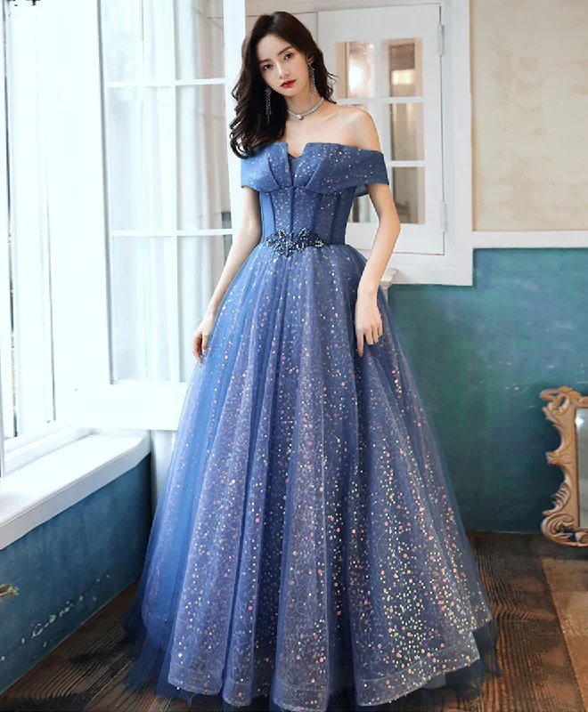 women's chiffon dressesBlue Tulle Off Shoulder Long Prom Dress, Shiny Blue Formal Evening Dress