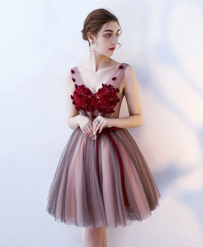 Cold-Shoulder DressBurgundy V Neck Tulle Short Prom Dress, Tulle Evening Dress