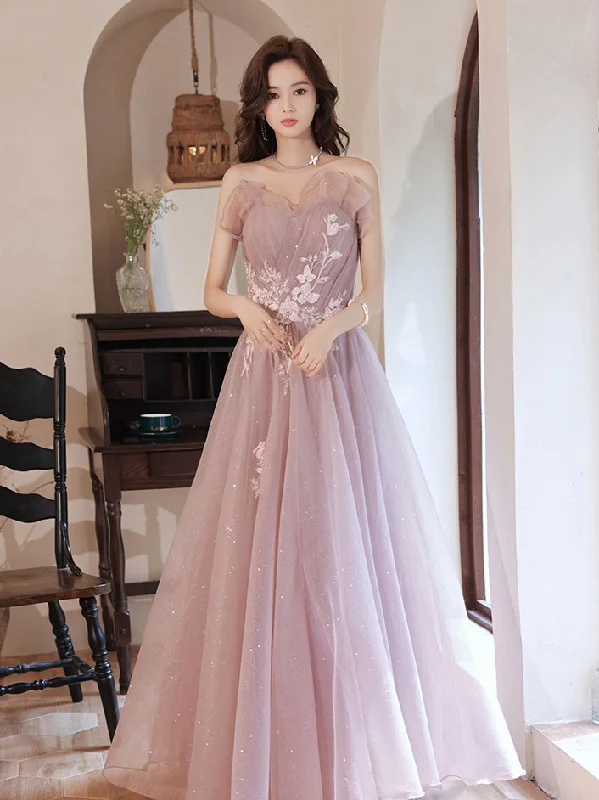 women's business casual dressesPink A line Tulle Lace Applique Long Prom Dress, Pink Evening Dresses