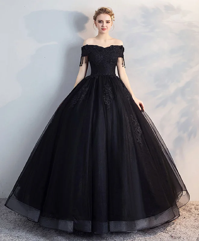 Striped DressBlack Off Shoulder Lace Tulle Long Prom Dress, Black Evening Dress