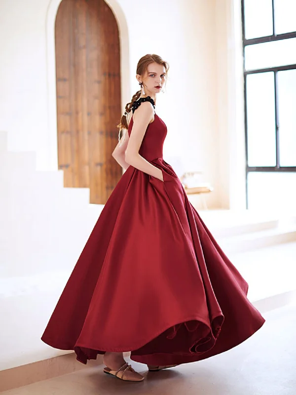 women's wrap dressesSimple Burgundy Satin Long Prom Dress, Burgundy Evening Dresses