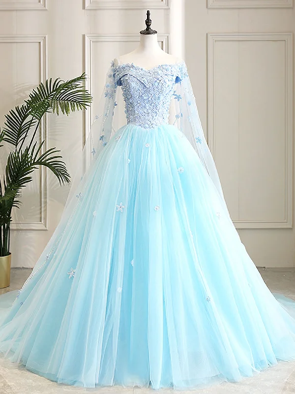 Bridesmaid DressBlue Sweetheart Neck Tulle Lace Long Prom Dress, Blue Evening Dress