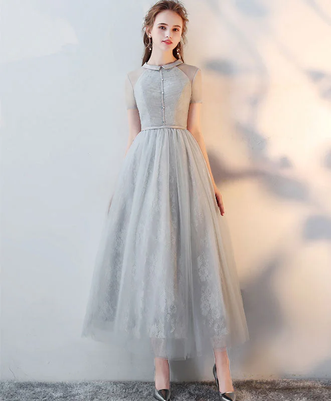 women's ethical fashion dressesGray High Neck Tulle Lace Prom Dress Tulle Lace Evening Dress