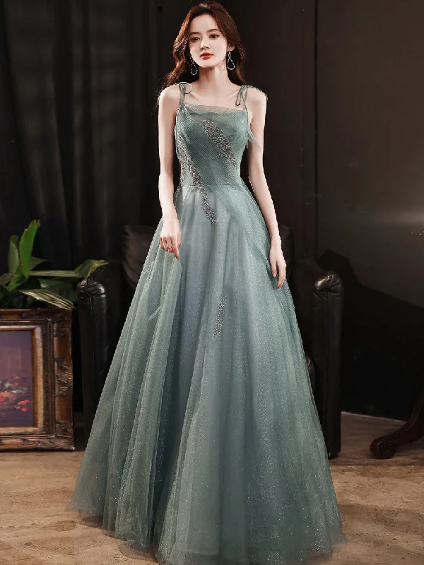 Bohemian DressGreen Tulle Sequin Long Prom Dress, Green Evening Dress