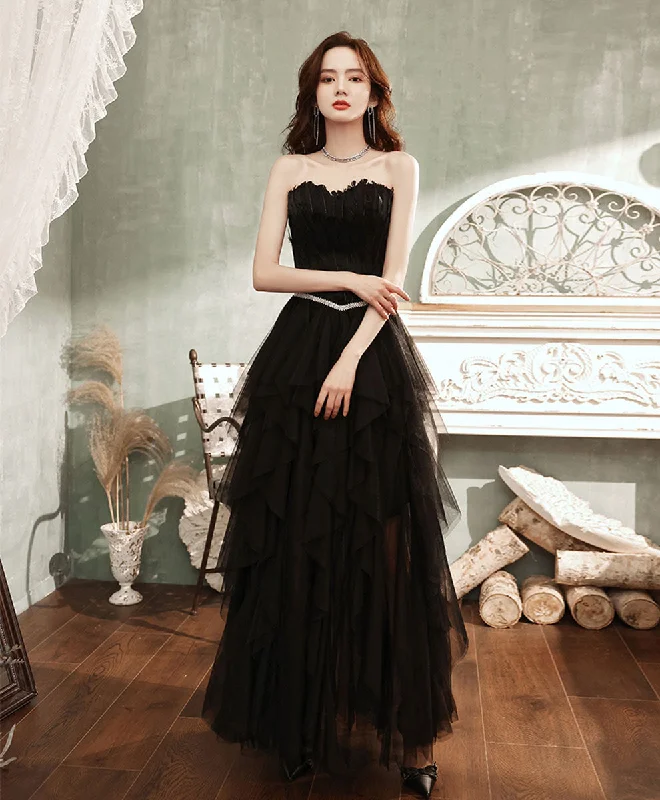 women's curve-hugging dressesBlack Aline Tulle Long Prom Dress, Black Formal Evening Dress with Feather