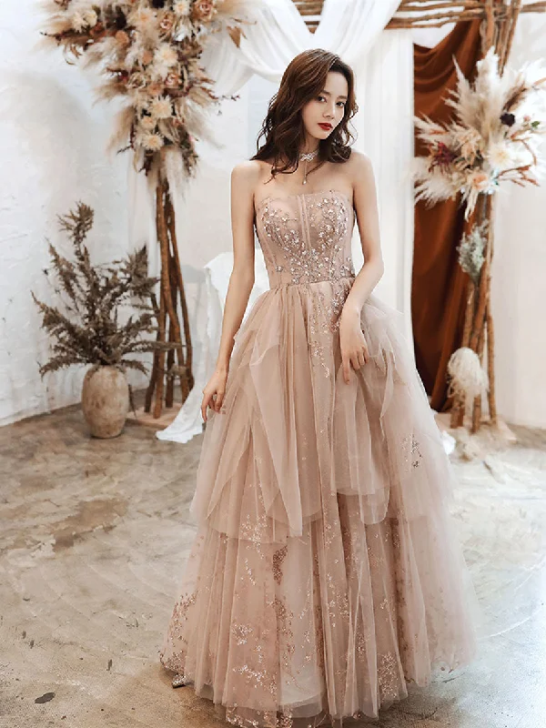 women's casual dressesA-line Champagne Tulle Lace Long Prom Dress Lace Evening Dress