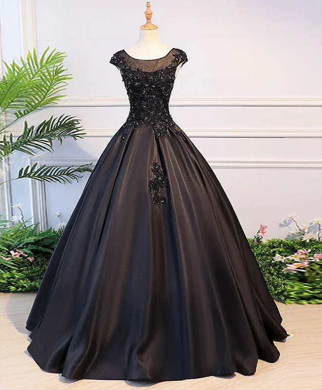 women's party dressesBlack Round Neck Lace Long Prom Dress, Black Evening Dress