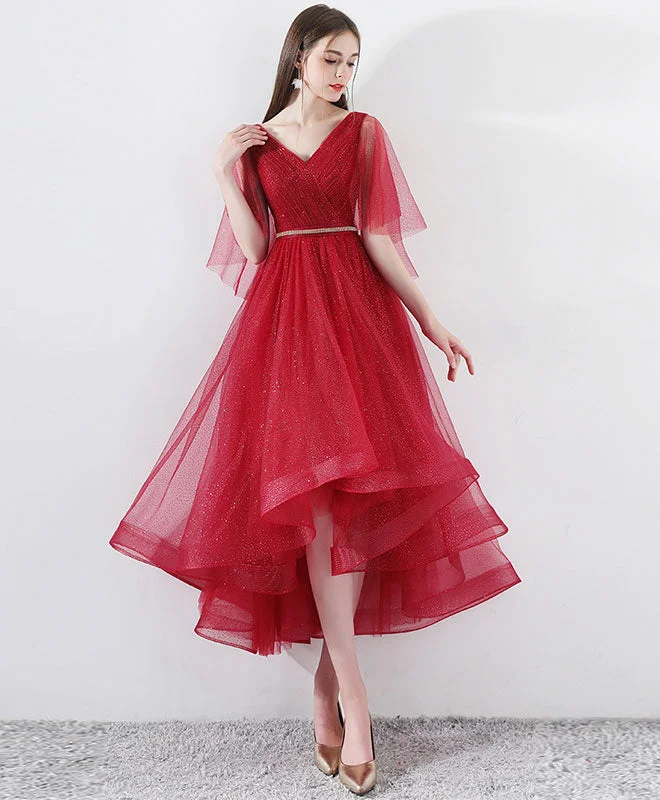 Casual DressBurgundy Tulle High Low Prom Dress, Burgundy Tulle Evening Dress