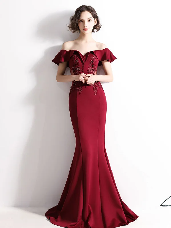 women's ball gown dressesBurgundy Off Shoulder Satin Lace Long Prom Dress, Burgundy Evening Dresses