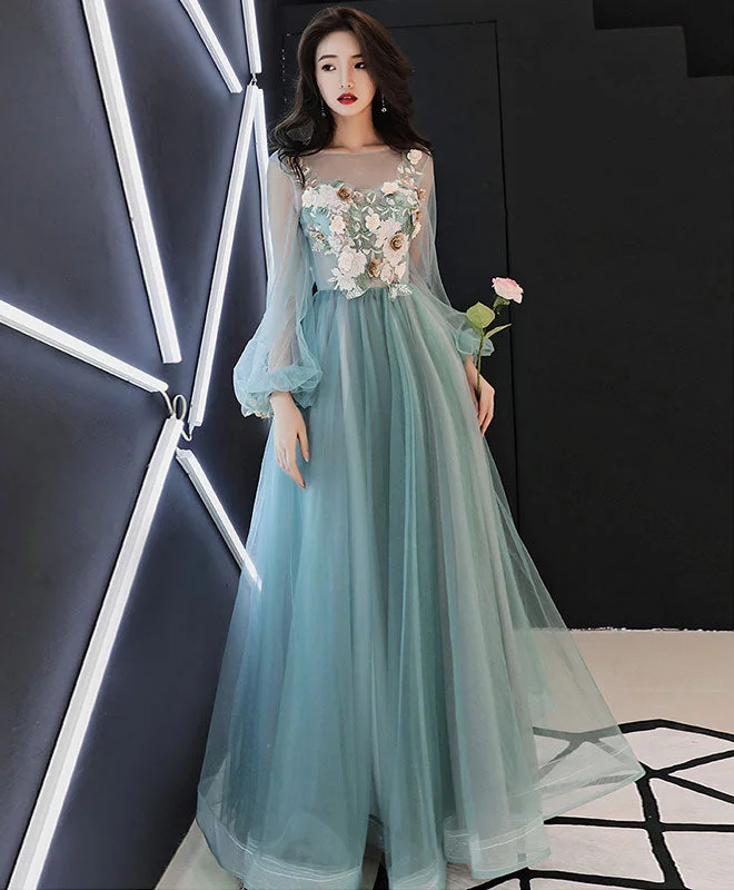 High-Neck DressGreen Tulle Lace Applique Long Prom Dress, Green Evening Dress