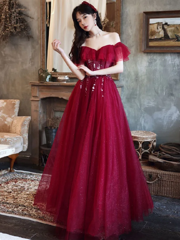 women's midi dressesBurgundy Off Shoulder Tulle Sequin Long Prom Dress Burgundy Evening Dress