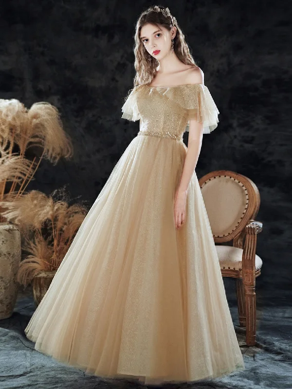 women's mother of the bride dressesSimple Champagne Tulle Sequin Long Prom Dress, A Line Tulle Evening Dress