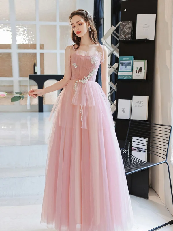 women's bell-sleeved dressesPink Tulle A line Long Prom Dress, Pink Tulle Evening Dresses