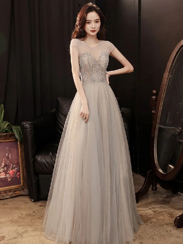 Organza DressChampagne Round Neck Tulle Beads Long Prom Dress, Champagne Evening Dress