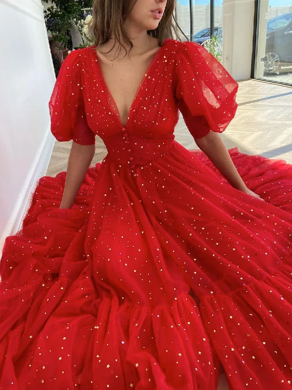 Formal DressRed V Neck Tulle Tea Length Prom Dress, Red Evening Dress