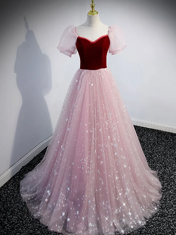 Cocktail DressPink A line Tulle Long Prom Dress, Pink Tulle Evening Graduation Dresses