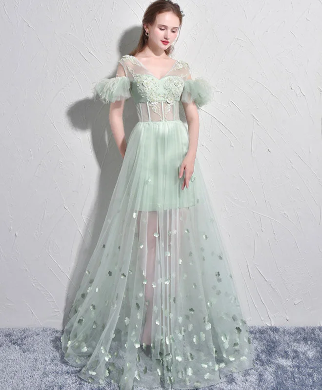 Statement DressUnique Green Tulle V Neck Long Prom Dress, Green Evening Dress