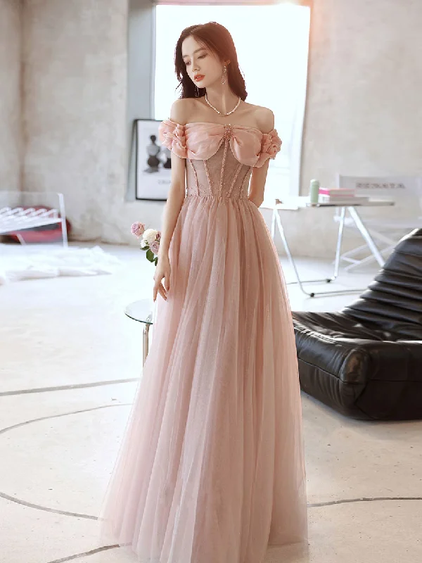 Velveteen DressPink Sweetheart Neck Tulle Beads Long Prom Dress, Pink Evening Dress