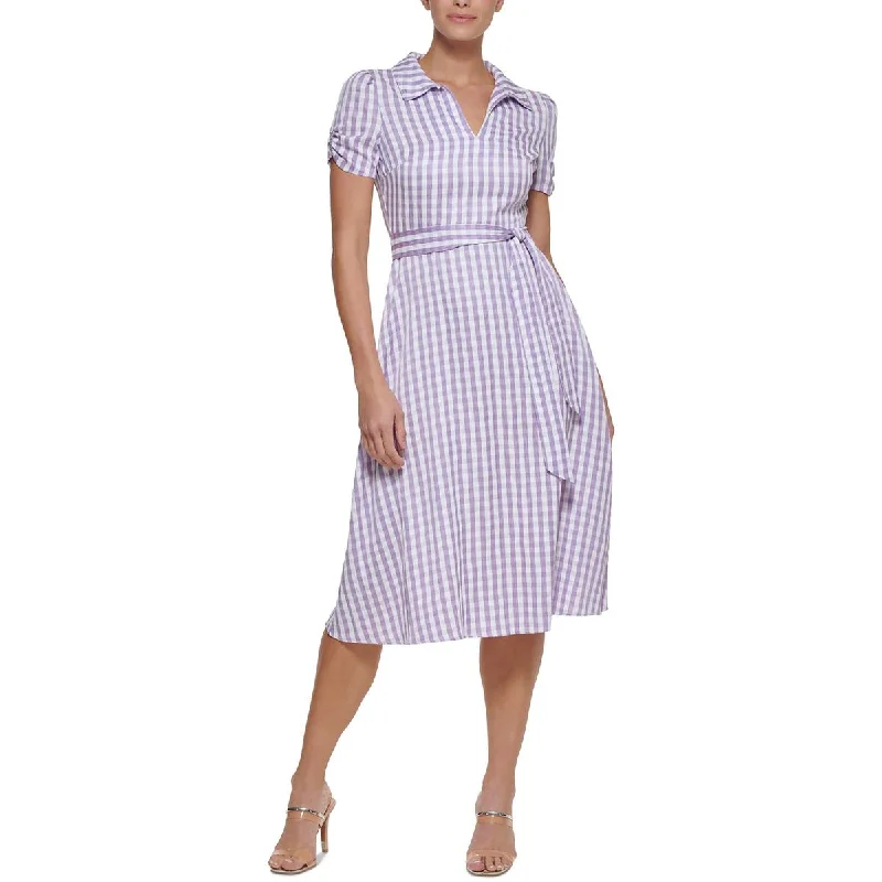 women's travel dressesDKNY Womens Gingham Belted Midi Dress