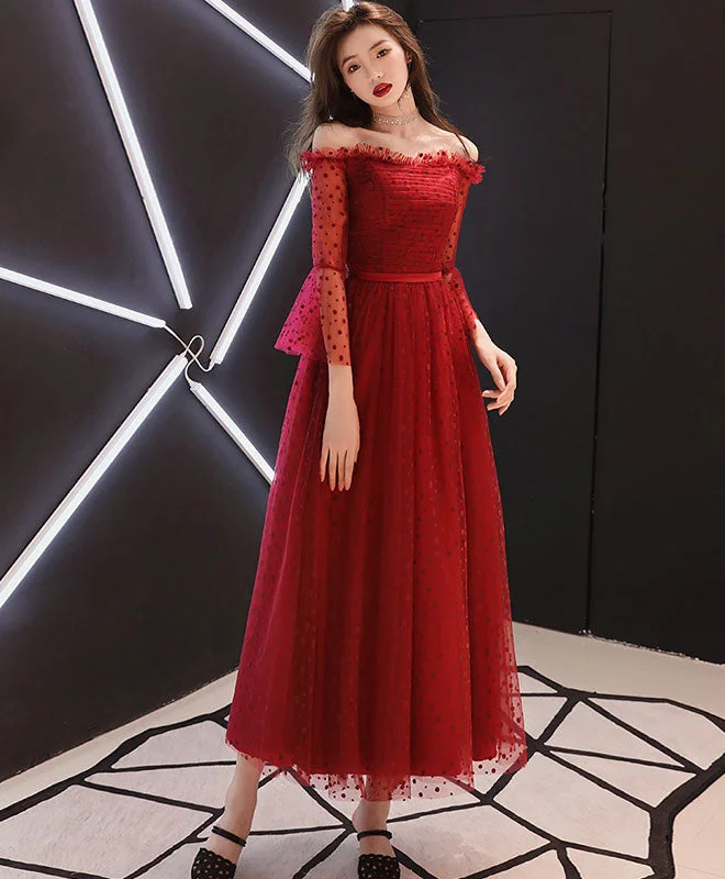 Polka-Dot DressBurgundy Tulle Lace Tea Length Prom Dress, Burgundy Evening Dress