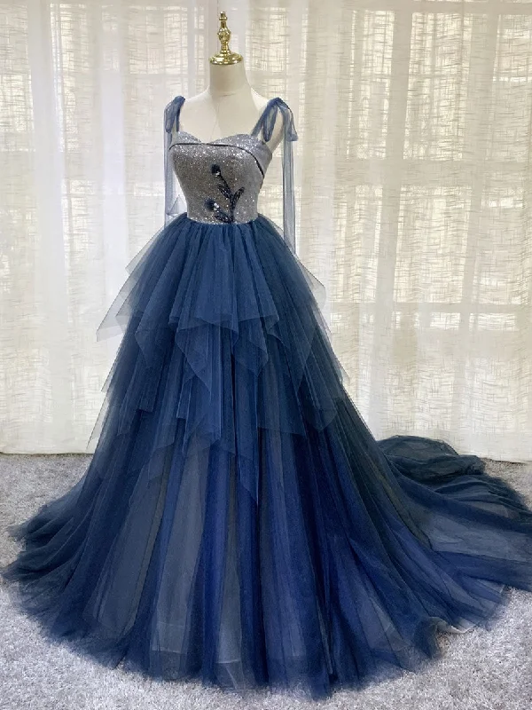 women's empire waist dressesBlue Tulle Long Prom Dress, Blue Tulle Long Evening Dress