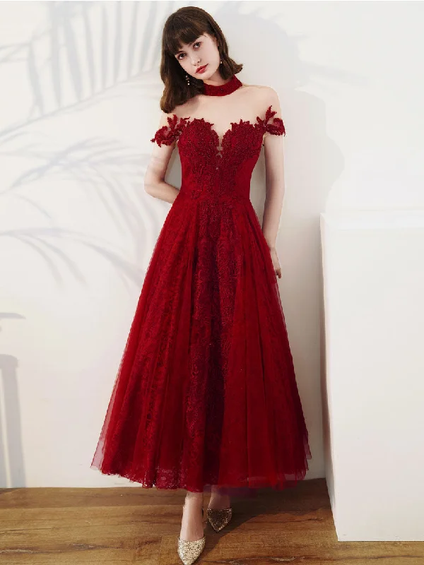 women's metallic dressesBurgundy Tulle Lace Tea Length Prom Dress, Burgundy Evening Dress