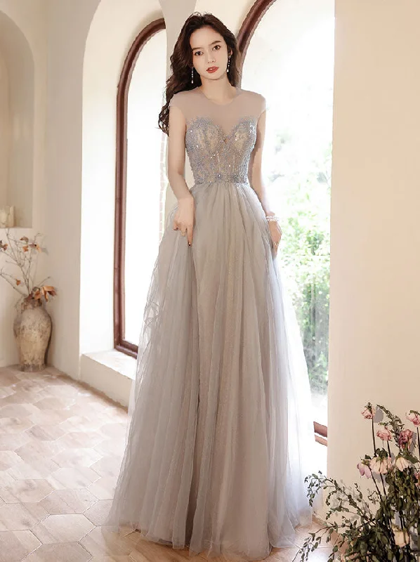 Halter DressGray Round Neck Tulle Beads Long Prom Dress, Gray Evening Dress