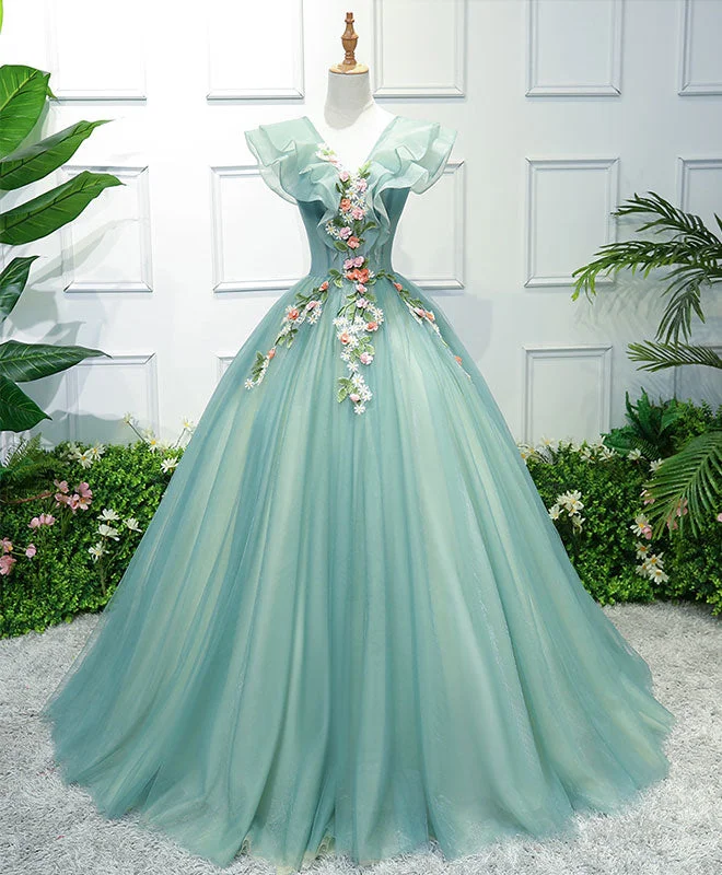 Tiered DressGreen V Neck Tulle Long Prom Dress, Green Evening Dress