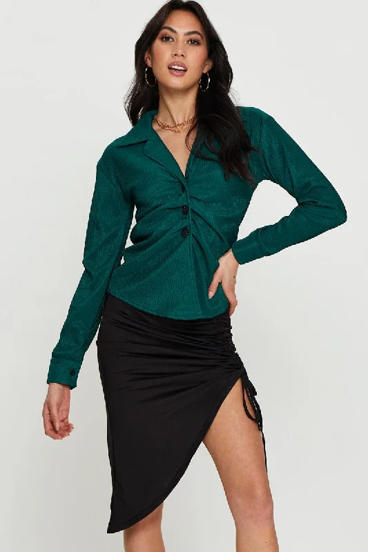 women's tops for creating capsule wardrobesGreen Oversized Shirts Long Sleeve Collared