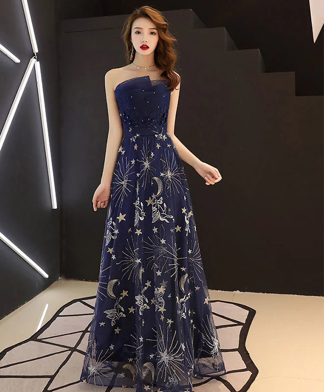 Cheetah Print DressDark Blue Tulle Lace Long Prom Dress, Blue Evening Dress