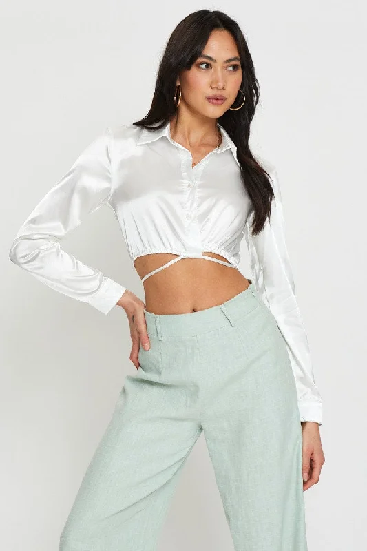 women's tops for those who refuse to compromise on styleWhite Wrap Blouse Long Sleeve Collared Satin