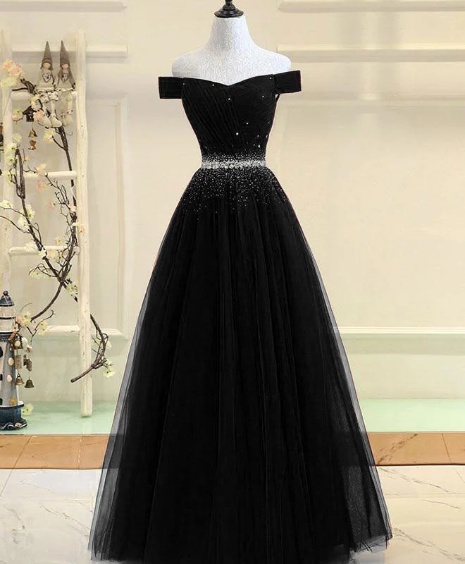 women's body-skimming dressesBlack Tulle Sequin Long Prom Dress, Black Tulle Evening Dress