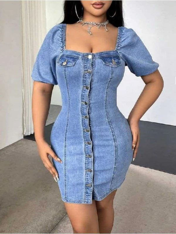 women's ethical fashion dressesDenim Square Neck Button Up Mini Dress