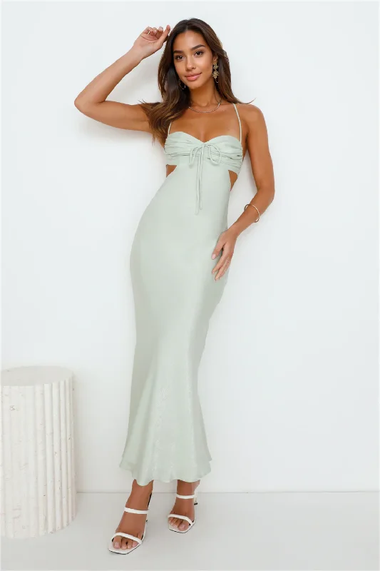 women's metallic dressesMagic In Her Vibe Satin Maxi Dress Sage