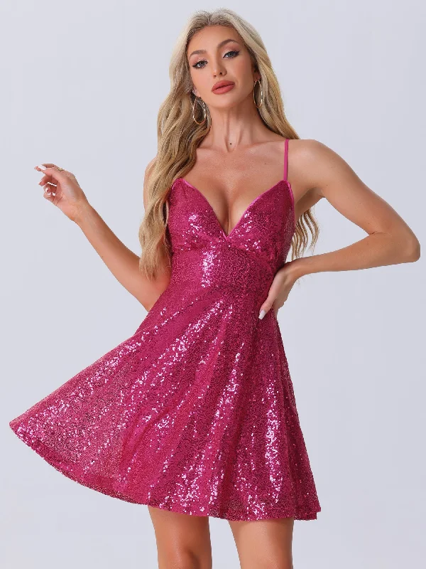 Evening DressGlitter Sequin Spaghetti Strap Tie Back Backless Mini Party Dress